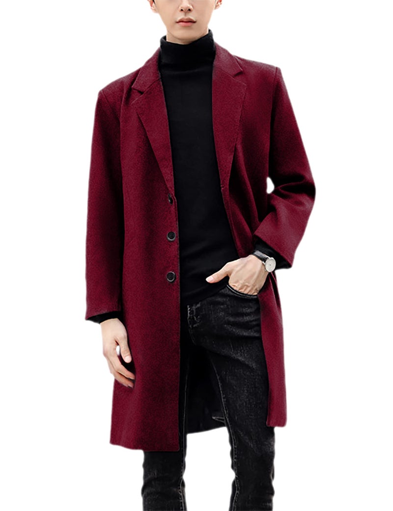 UANEO Mens Wool Blend Trench Coat Notch Lapel Camel Pea Coats Winter Overcoat (WineRed-L) - Image 2