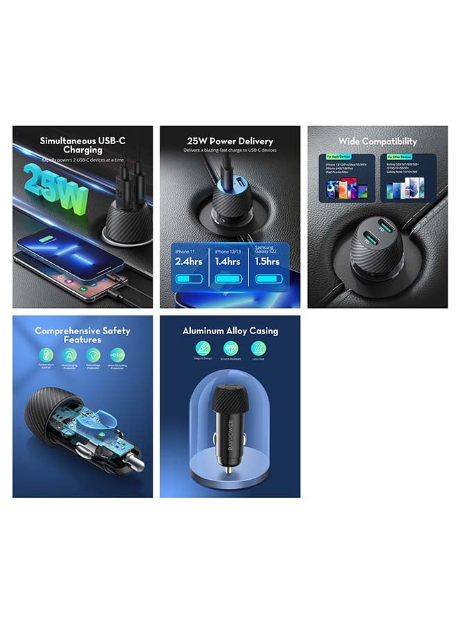 RAVPOWER Pioneer 50W Dual-Port USB-C Car Charger - Black - Image 2