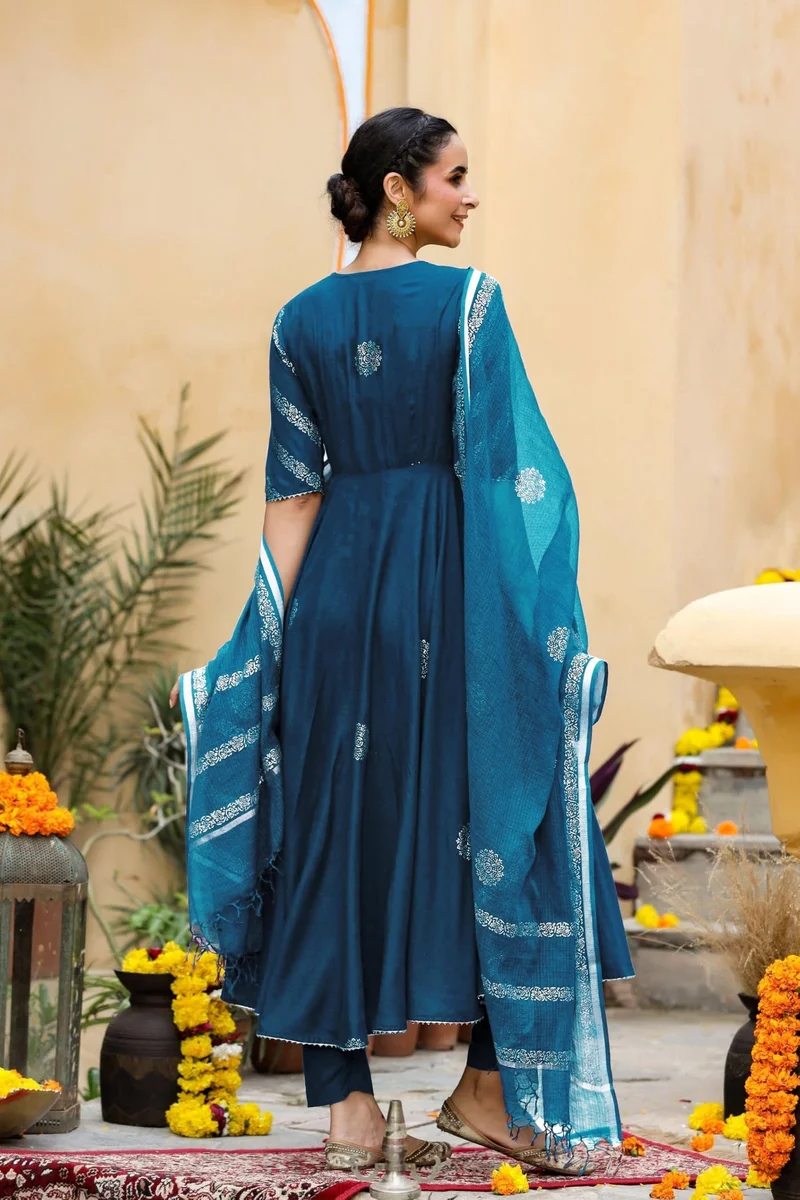 GoSriKi Dark Blue GoSriKi Women's Rayon Blend Anarkali Printed Kurta with Pant & Dupatta (Berlin KEROSIN-GS_L_Dark Blue_Large) for Women | Best Price UAE