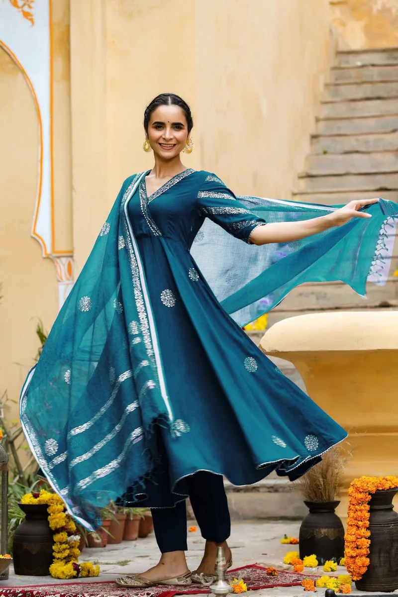 GoSriKi Women's Rayon Blend Anarkali Printed Kurta with Pant & Dupatta (Berlin KEROSIN-GS_L_Dark Blue_Large)