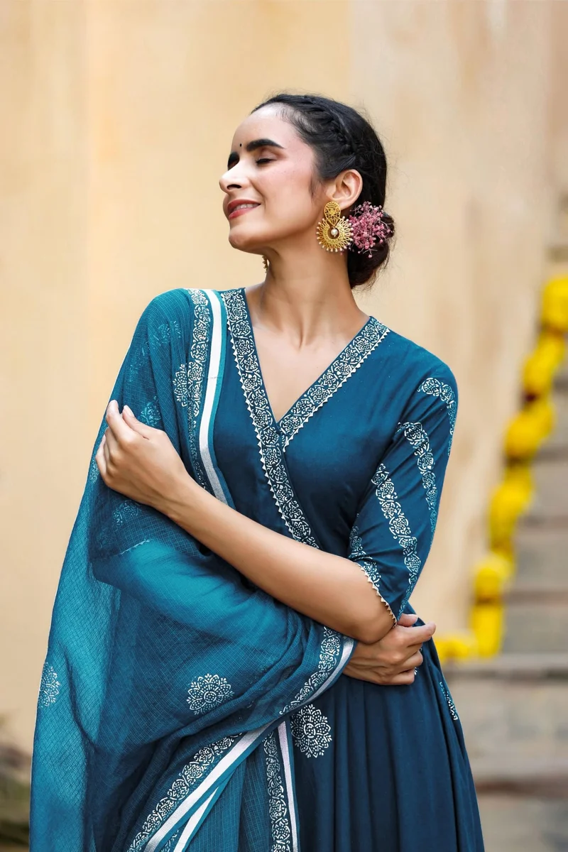 GoSriKi Dark Blue GoSriKi Women's Rayon Blend Anarkali Printed Kurta with Pant & Dupatta (Berlin KEROSIN-GS_L_Dark Blue_Large) for Women | Best Price UAE