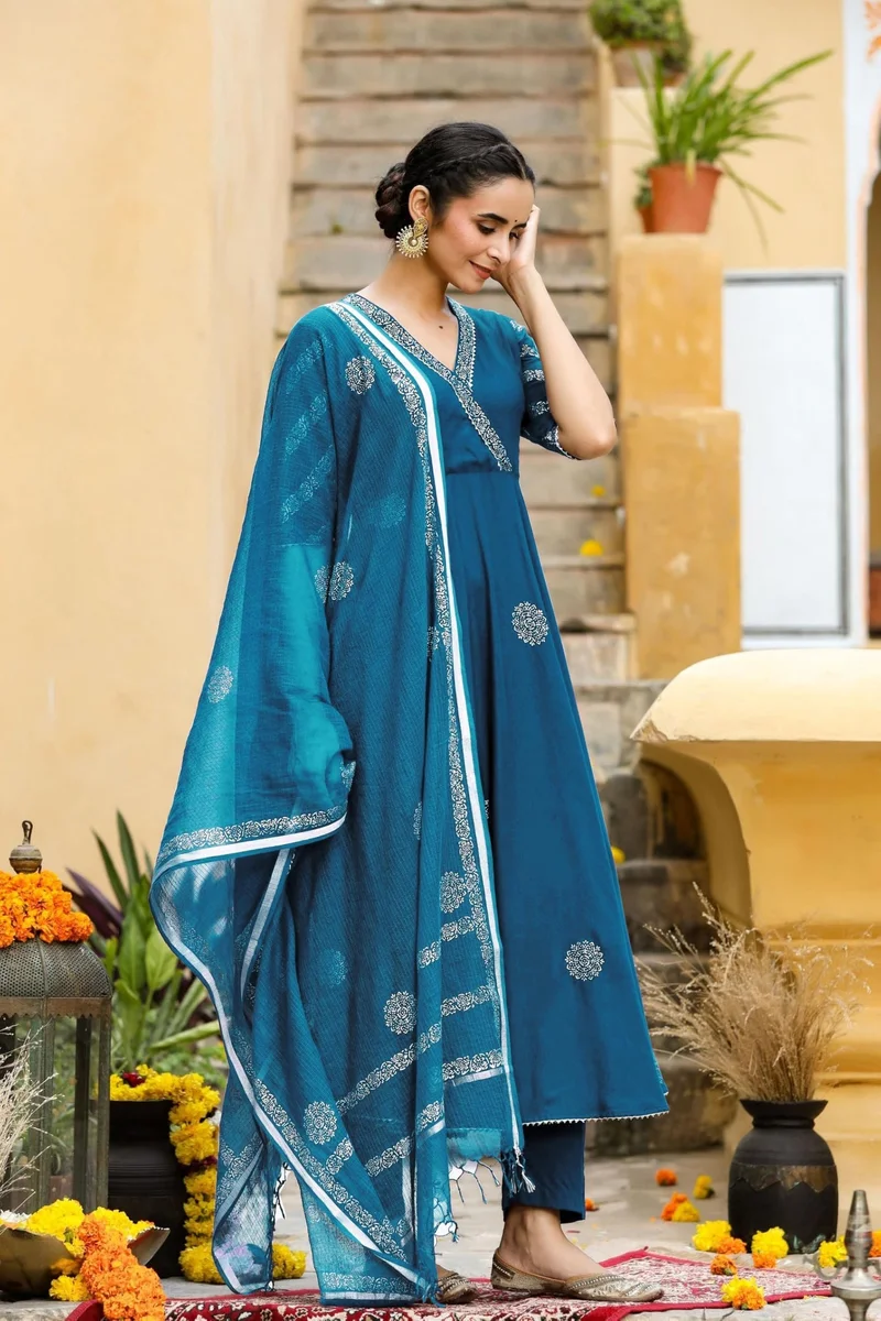 GoSriKi Dark Blue GoSriKi Women's Rayon Blend Anarkali Printed Kurta with Pant & Dupatta (Berlin KEROSIN-GS_L_Dark Blue_Large) for Women | Best Price UAE