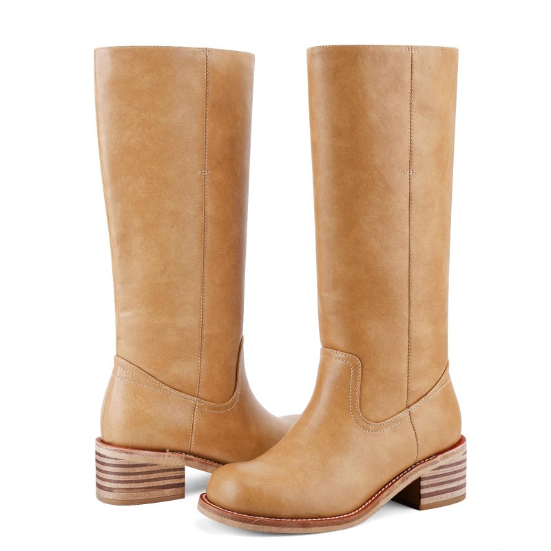 VBDB Knee High Boots for Women Square Toe Wide Calf Pull on Long Boots Low Chunky Heel Block Heel Comfortable Daily Work Casual Size8.5 - Image 5