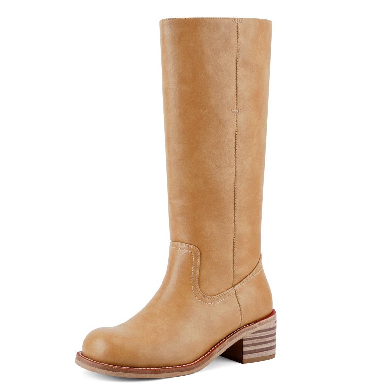 VBDB Knee High Boots for Women Square Toe Wide Calf Pull on Long Boots Low Chunky Heel Block Heel Comfortable Daily Work Casual Size8.5 - Image 1