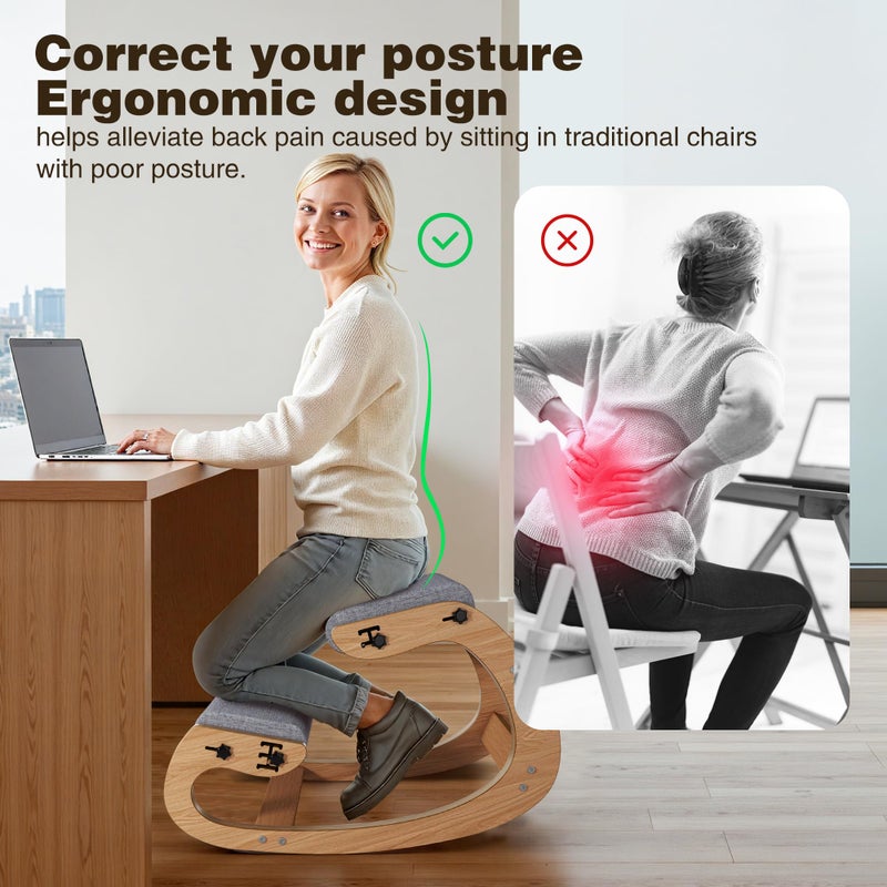 TinyHaven Ergonomic Kneeling Chair with Wooden Frame - Adjustable Height Office Chair with Soft Padding for Back Pain Relief, Posture Correcting Home & Office Desk Chair Wood - Image 3