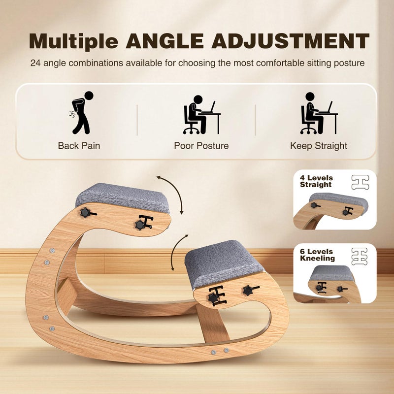 TinyHaven Ergonomic Kneeling Chair with Wooden Frame - Adjustable Height Office Chair with Soft Padding for Back Pain Relief, Posture Correcting Home & Office Desk Chair Wood - Image 2