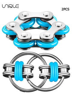 Unique 2 Pcs Bike Chain Fidget Toys Set, Six Roller Chain & Key Flippy Chain for ADHD, ADD, Autism, Anxiety Relief for Adults and Teens(Blue)  - Image 1