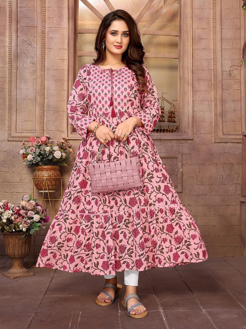 rangita Pink Cotton Embroidered Calf Length Tiered Flared Kurti | Kurta for Women_M - Image 5