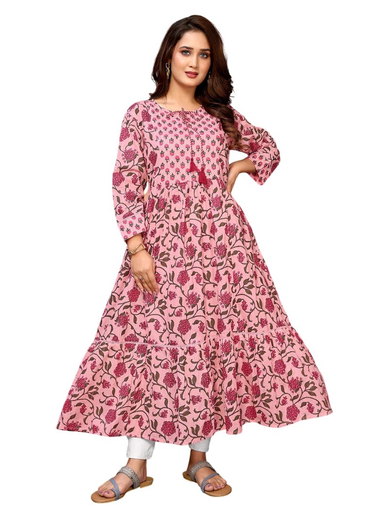 rangita Pink Cotton Embroidered Calf Length Tiered Flared Kurti | Kurta for Women_M - Image 1