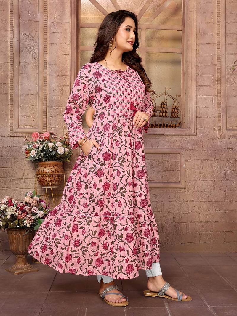 rangita Pink Cotton Embroidered Calf Length Tiered Flared Kurti | Kurta for Women_M - Image 3
