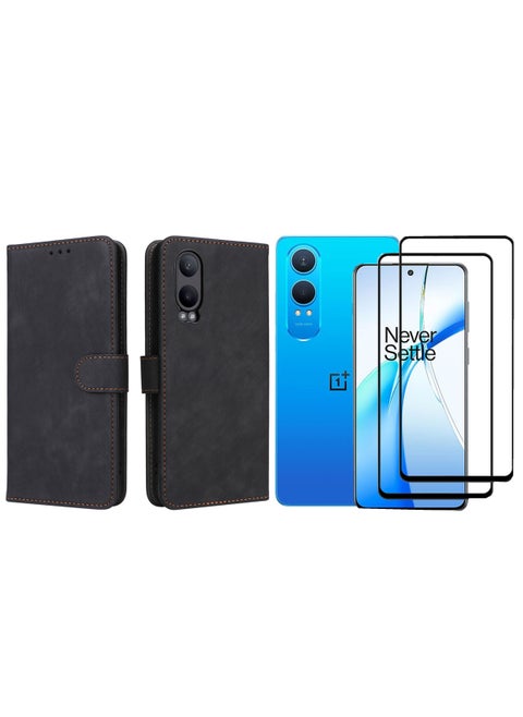 [1+2 Sets] For OnePlus Nord CE4 Lite 5G Case Cover & Screen Protector Flip PU Leather Wallet Case with Card Holder and RFID Security Protection,2 Pack glass screen protector