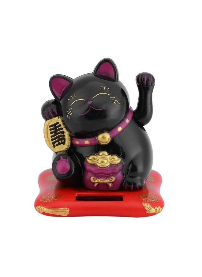 Hongzer Lucky Cat Solar Powered Cute Waving Cat Maneki Neko Waving Arm For Fortune Money And Good Luck Fengshui Lucky Cat Swinging Arm For Home Display/Car Decor(Black)  - Image 2