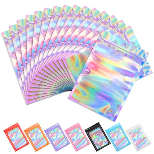 Funfery 100 pcs Mylar Holographic Bags Packaging BagsClear Resealable Smell Proof Bag Foil Pouch Bag for Party FavorFood Storage Baggies Packaging for Small Business3x47inHolographic - Image 2