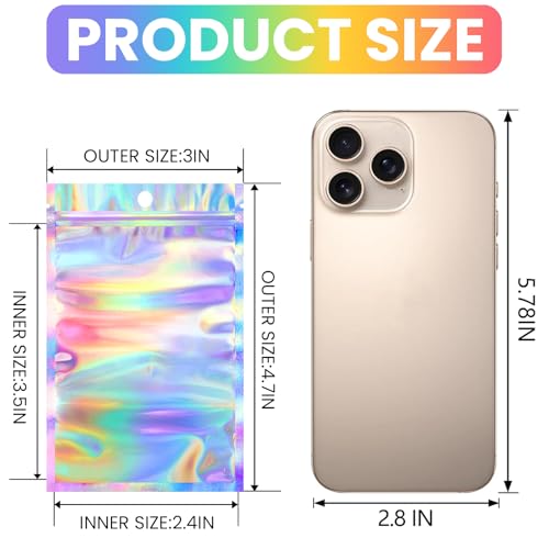 Funfery 100 pcs Mylar Holographic Bags Packaging BagsClear Resealable Smell Proof Bag Foil Pouch Bag for Party FavorFood Storage Baggies Packaging for Small Business3x47inHolographic - Image 5