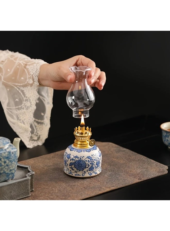 Ceramic Vintage Chamber Oil Lamp Classic Lantern Antique Clear Hurricane Lantern with Adjustable Fire Wick Home Decor#Color:Butter lamp - Image 3