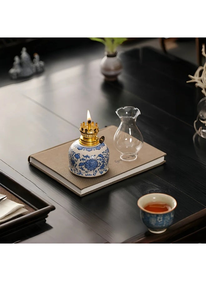 Ceramic Vintage Chamber Oil Lamp Classic Lantern Antique Clear Hurricane Lantern with Adjustable Fire Wick Home Decor#Color:Butter lamp - Image 4