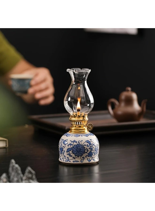 Ceramic Vintage Chamber Oil Lamp Classic Lantern Antique Clear Hurricane Lantern with Adjustable Fire Wick Home Decor#Color:Butter lamp - Image 1