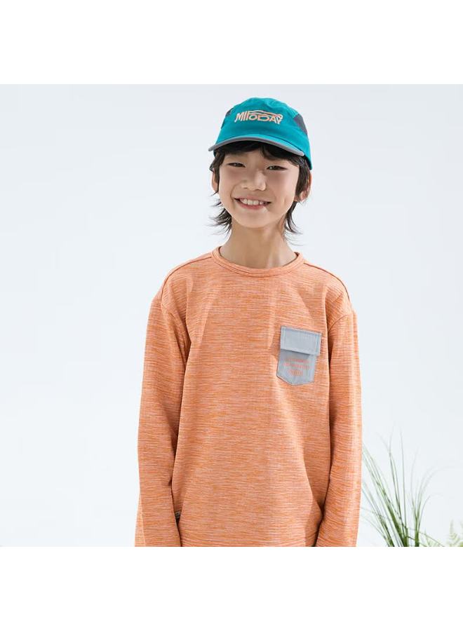 Mipoo Autumn New Plaid Fleece Crew Neck Long Sleeve T-shirt Orange 130cm - Image 3