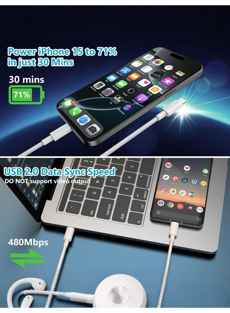 صورة العالمة كابل USB-C 100W Type C، كابل مضفر بطول 1 متر للشحن السريع، كابل توصيل الطاقة PD، متوافق مع آيفون 17/17 بلس/17 برو/17 برو ماكس/16/16 بلس/16 برو/16 برو ماكس/15/15 برو/15 بلس/15 برو ماكس، آيباد ميني/برو، ماك بوك برو/إير، أبيض. - Image 2
