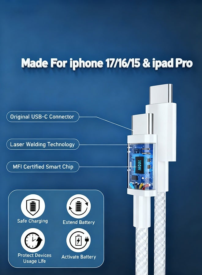 صورة العالمة كابل USB-C 100W Type C، كابل مضفر بطول 1 متر للشحن السريع، كابل توصيل الطاقة PD، متوافق مع آيفون 17/17 بلس/17 برو/17 برو ماكس/16/16 بلس/16 برو/16 برو ماكس/15/15 برو/15 بلس/15 برو ماكس، آيباد ميني/برو، ماك بوك برو/إير، أبيض. - Image 3