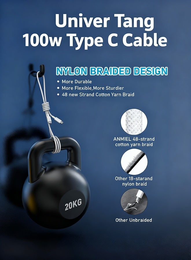 صورة العالمة كابل USB-C 100W Type C، كابل مضفر بطول 1 متر للشحن السريع، كابل توصيل الطاقة PD، متوافق مع آيفون 17/17 بلس/17 برو/17 برو ماكس/16/16 بلس/16 برو/16 برو ماكس/15/15 برو/15 بلس/15 برو ماكس، آيباد ميني/برو، ماك بوك برو/إير، أبيض. - Image 5