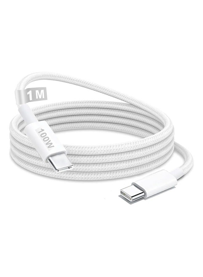 صورة العالمة كابل USB-C 100W Type C، كابل مضفر بطول 1 متر للشحن السريع، كابل توصيل الطاقة PD، متوافق مع آيفون 17/17 بلس/17 برو/17 برو ماكس/16/16 بلس/16 برو/16 برو ماكس/15/15 برو/15 بلس/15 برو ماكس، آيباد ميني/برو، ماك بوك برو/إير، أبيض. - Image 1