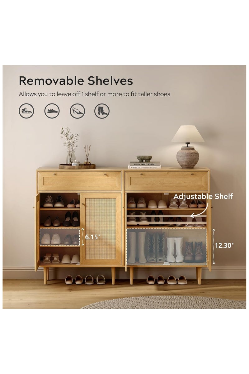 شوغوري خزانة أحذية من الروطان مع درج وأبواب، منظم تخزين أحذية كبير قائم بذاته مع رف قابل للتعديل وجهاز مانع للانقلاب رف أحذية عصري على طراز المزرعة مع 4 طبقات من خشب البلوط الطبيعي - Image 3