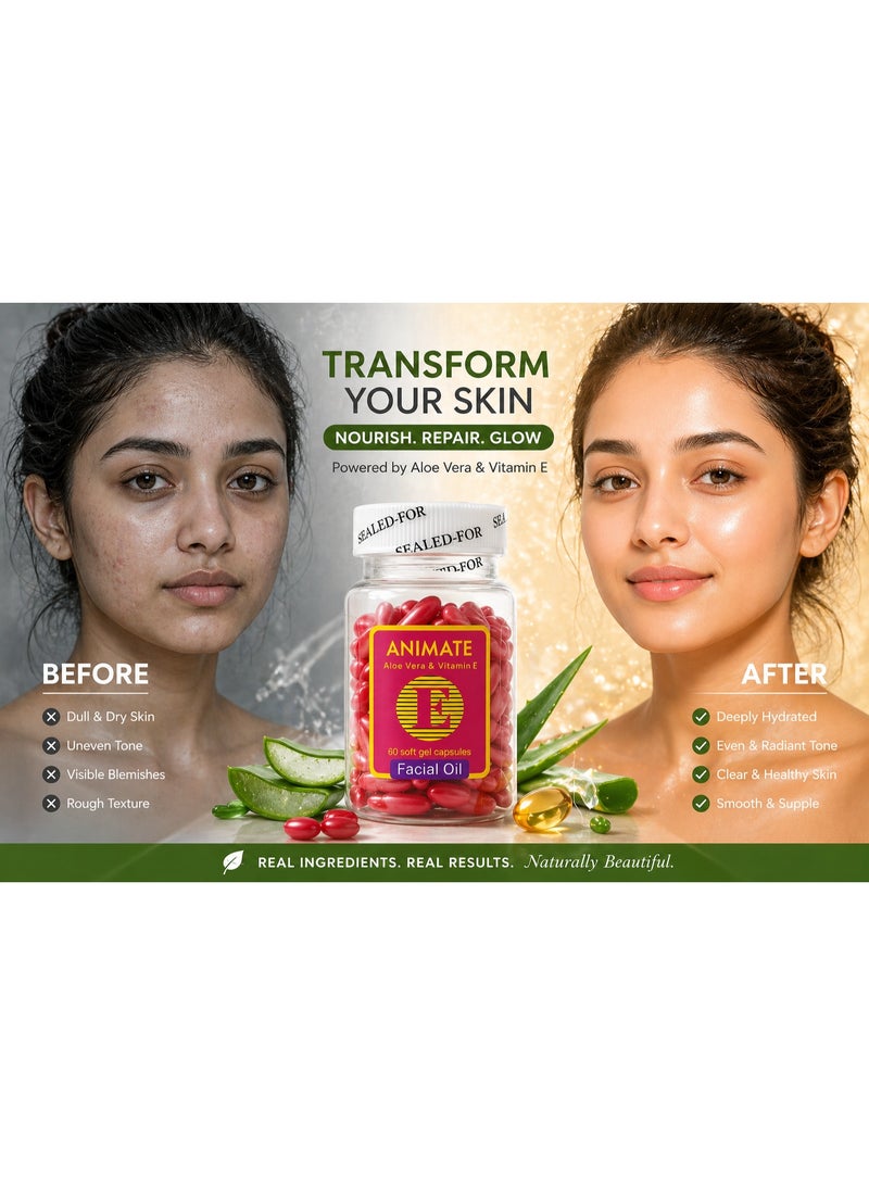 ANIMATE Aloe Vera Vitamin E Facial Oil Capsules 60 Softgel Hydrating Skin Glow Nourishing Face Serum Capsules Daily Skincare - Image 3