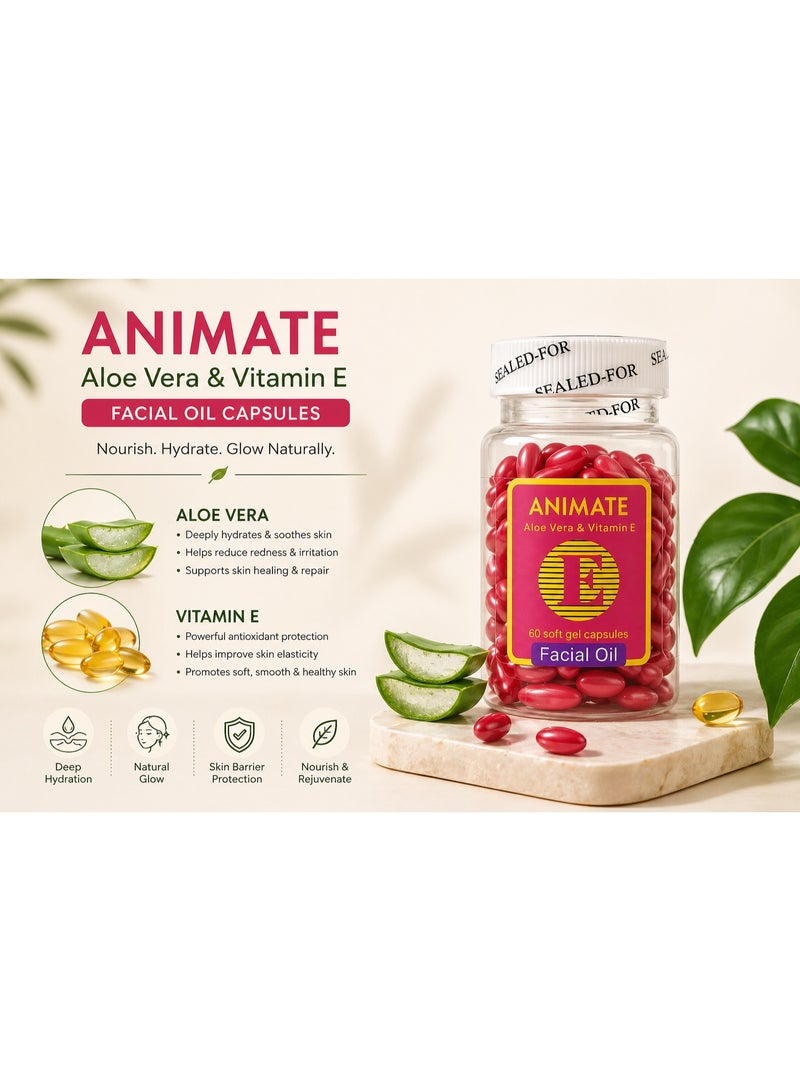 ANIMATE Aloe Vera Vitamin E Facial Oil Capsules 60 Softgel Hydrating Skin Glow Nourishing Face Serum Capsules Daily Skincare - Image 1