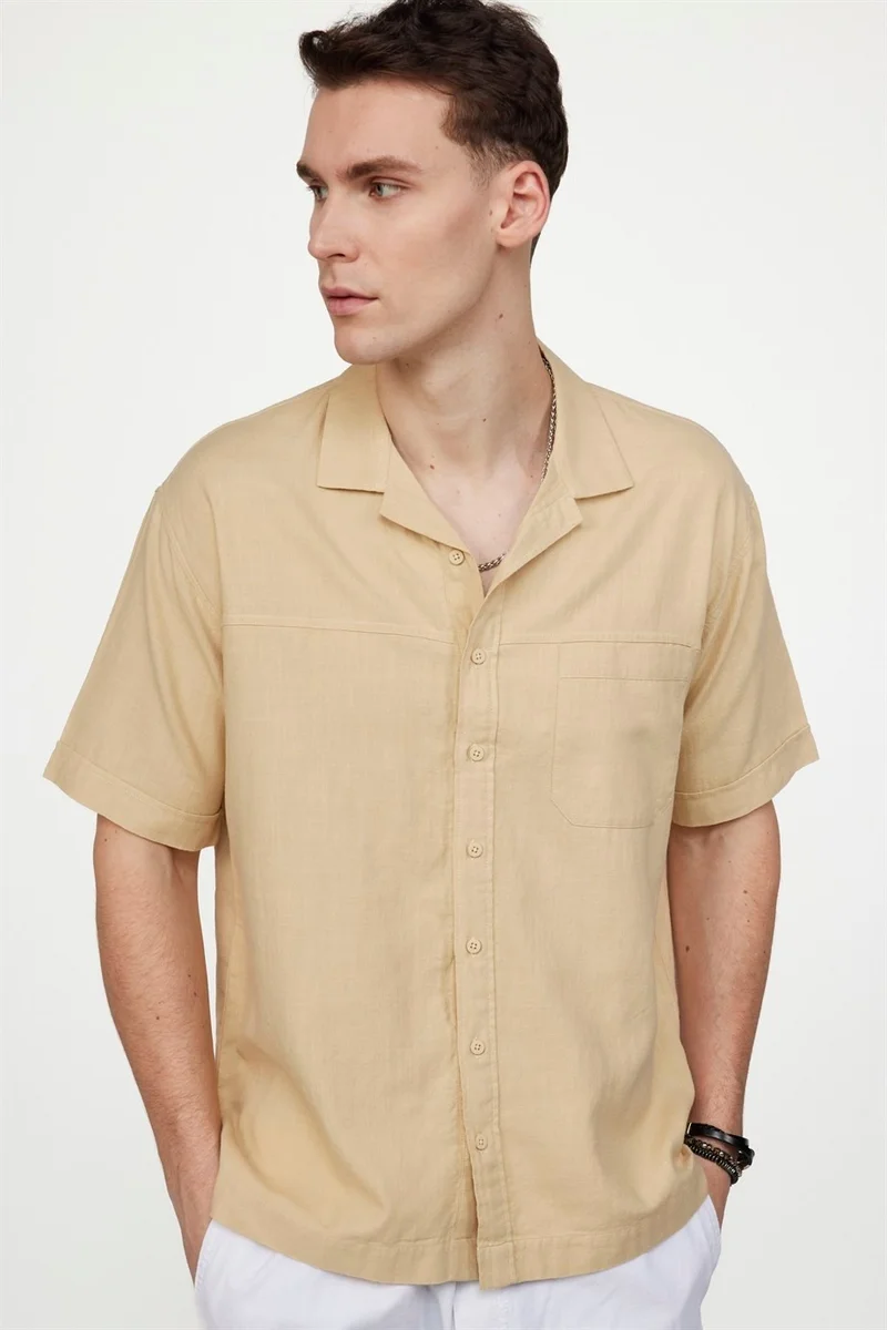 تودورس Relax Fit Side Slit Open Collar Linen Effect Beige Shirt