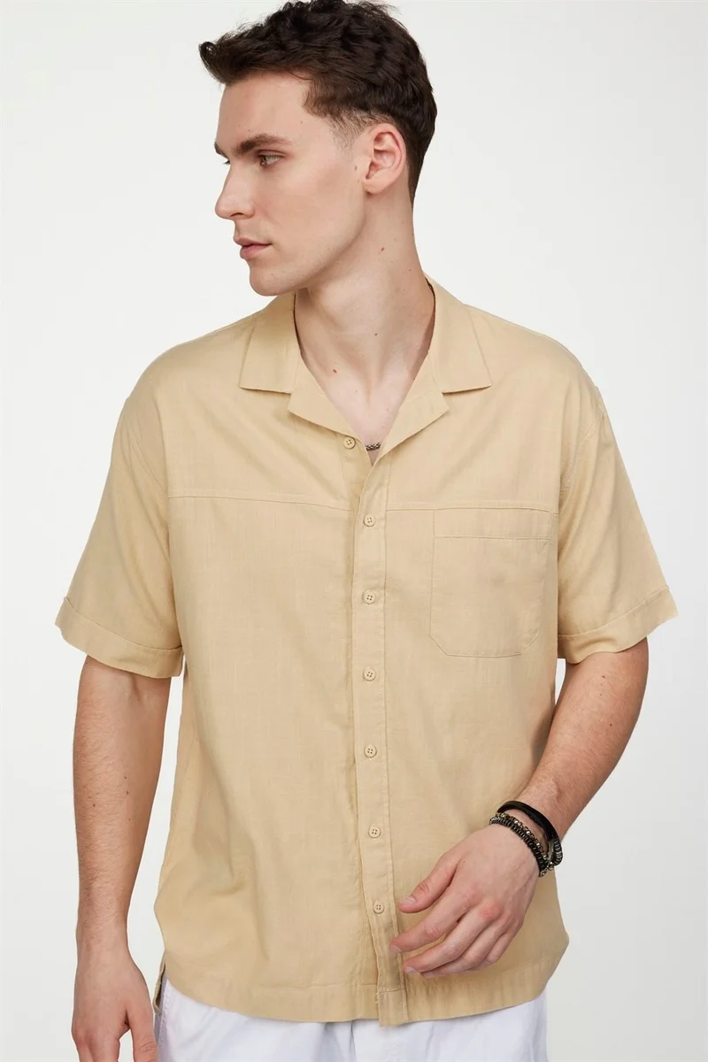 تودورس Relax Fit Side Slit Open Collar Linen Effect Beige Shirt