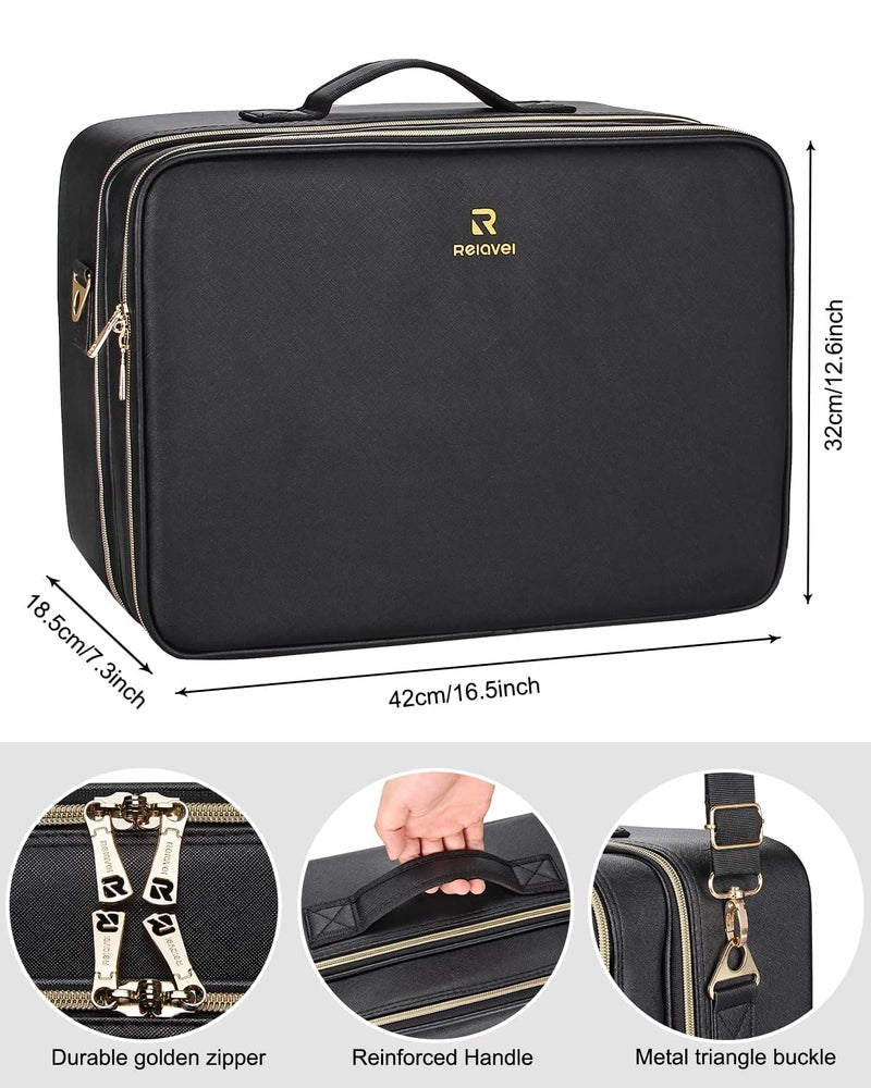 Relavel Extra Large Makeup Bag, Makeup Case Professional Makeup Artist Kit Train Case Travel Cosmetic Bag Brush Organizer, Waterproof Leather Material, with Adjustable Shoulder Straps and Dividers - Image 3