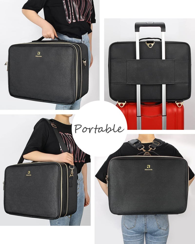 Relavel Extra Large Makeup Bag, Makeup Case Professional Makeup Artist Kit Train Case Travel Cosmetic Bag Brush Organizer, Waterproof Leather Material, with Adjustable Shoulder Straps and Dividers - Image 5