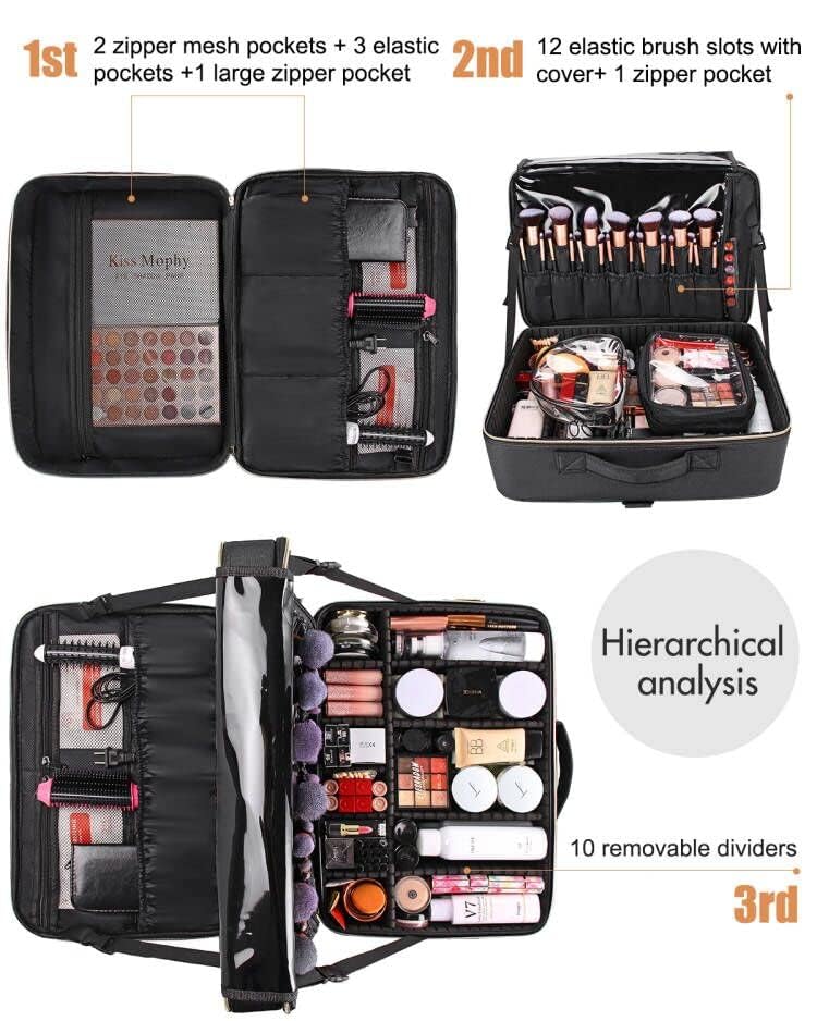 Relavel Extra Large Makeup Bag, Makeup Case Professional Makeup Artist Kit Train Case Travel Cosmetic Bag Brush Organizer, Waterproof Leather Material, with Adjustable Shoulder Straps and Dividers - Image 4