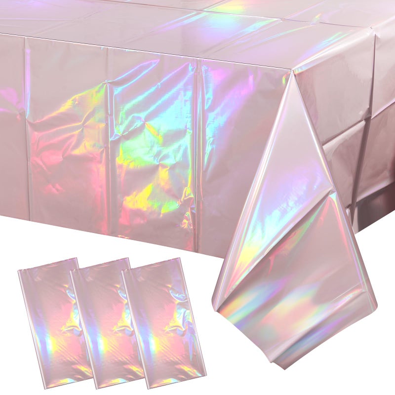 Pascliyna 3 Pack Iridescent Light Pink Tablecloth for Parties, Pastel Pink Holographic Plastic Table Cover, Disposable Laser Baby Pink Table Cloth for Birthday Wedding Baby Shower Party Decorations, 54x108 Inch - Image 1