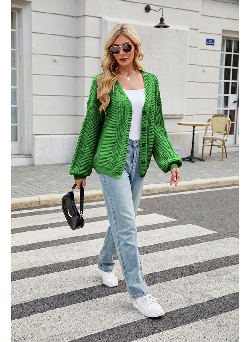 NIBEMINENT American Style Fashion Autumn Winter Lazy Sweaters V Neck Relaxed Cable Knit Cardigan - Image 2