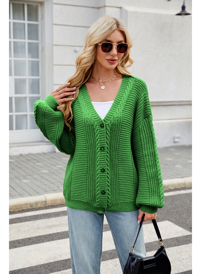 NIBEMINENT American Style Fashion Autumn Winter Lazy Sweaters V Neck Relaxed Cable Knit Cardigan - Image 1