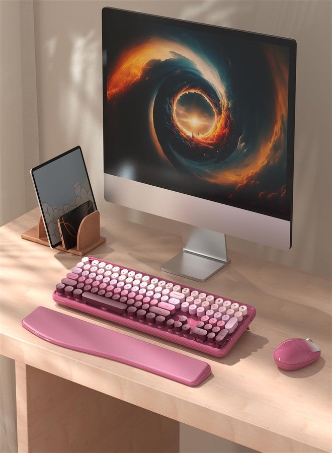 MPTOG Colorful Wireless Computer Keyboard and Mouse Combo with Phone Holder, Wrist Rest, Typewriter Keys, 2.4GHz Wireless, Full-Sized Optical Mouse for PC and Laptop(Rose-Red Colorful) - Image 2
