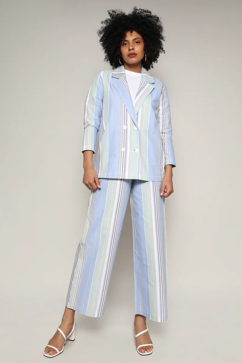 Campus Sutra Women's Multicolour Unbalanced Striped Double-Breasted Co-Ord Set