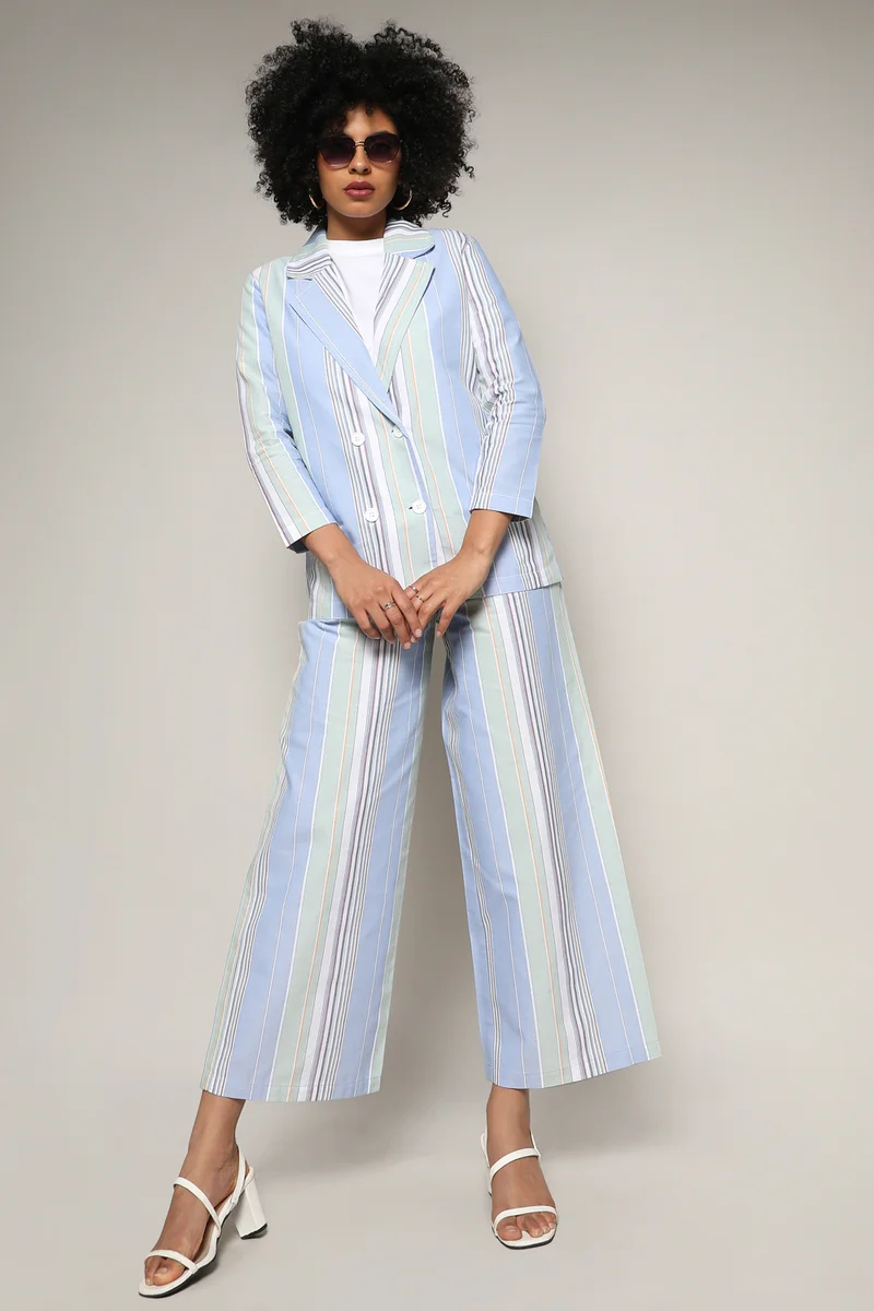 Campus Sutra Women's Multicolour Unbalanced Striped Double-Breasted Co-Ord Set