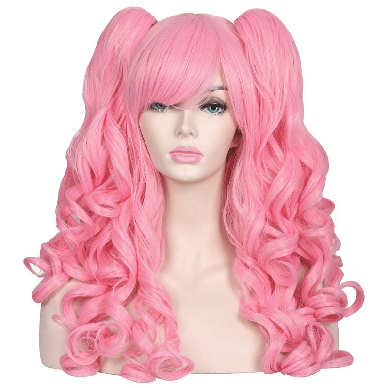 ColorGround Cute Long Curly Cosplay Wig with 2 Detachable Ponytails (Light Pink) - Image 1