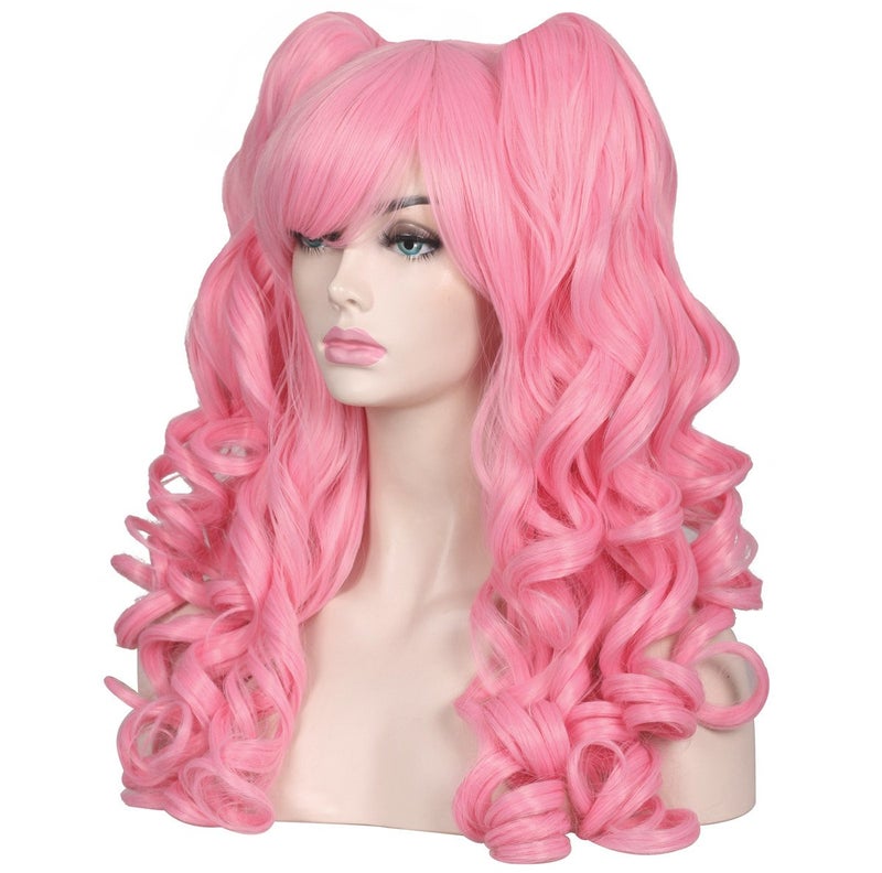 ColorGround Cute Long Curly Cosplay Wig with 2 Detachable Ponytails (Light Pink) - Image 4
