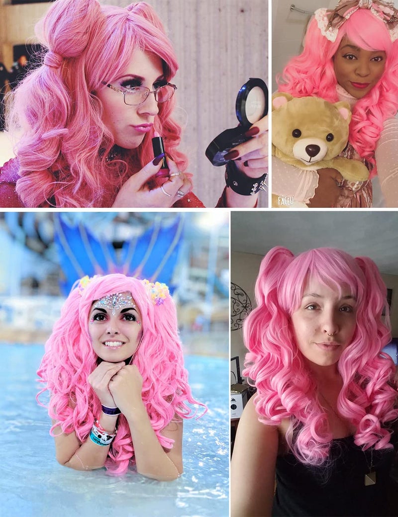 ColorGround Cute Long Curly Cosplay Wig with 2 Detachable Ponytails (Light Pink) - Image 2