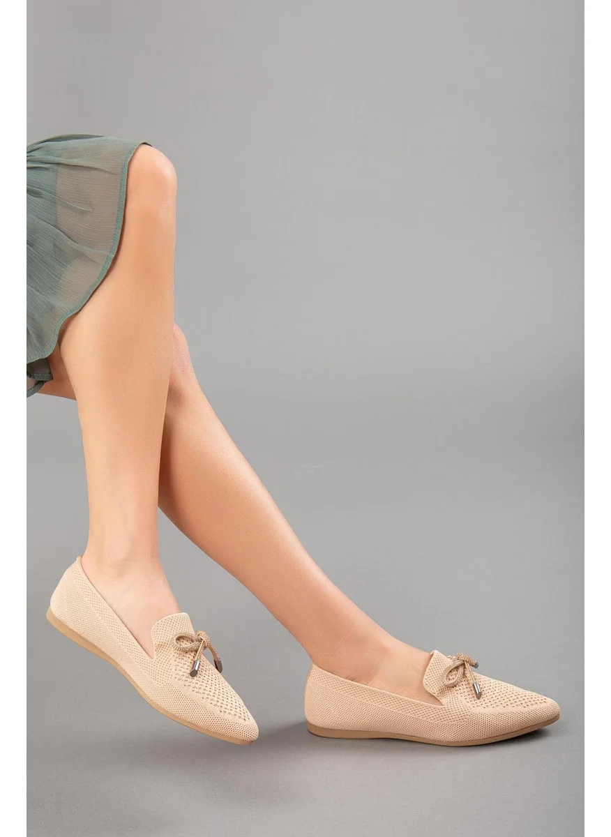 Dilimler Ayakkabı Knitted Stone Detailed Pointed Toe Nude Women's Ballerinas