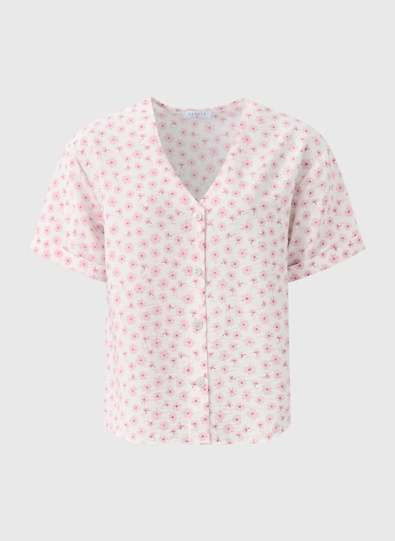 ماتلان Pink Ditsy Floral V Neck Shirt