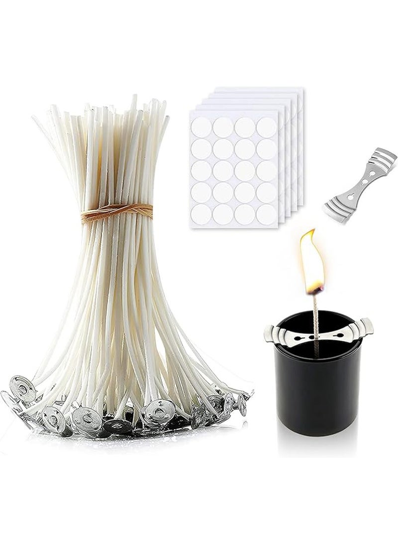 Candle Wick,100 Pcs Natural Candle Wicks with 100 Pcs Double-Sided Dots Wick Stickers and 1 Pcs 3-Hole Candle Wicks Holder for DIY Candles Craft Tools Candle Making Kit (10cm)  - Image 1