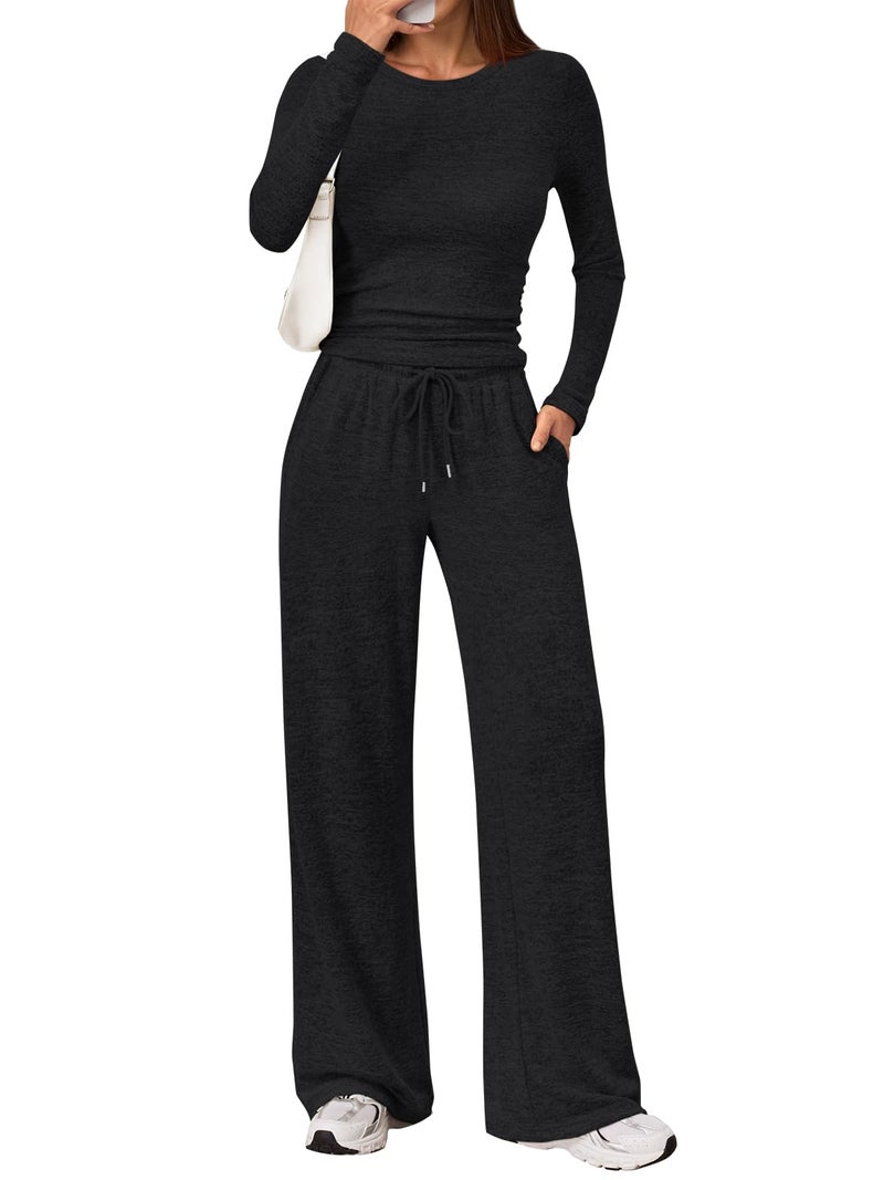 LILLUSORY Womens 2 Piece Matching Lounge Sets 2025 Fall Fashion Knit Sweater Airport Travel Vacation Outfits Gym Sweatsuits Black M - Image 1