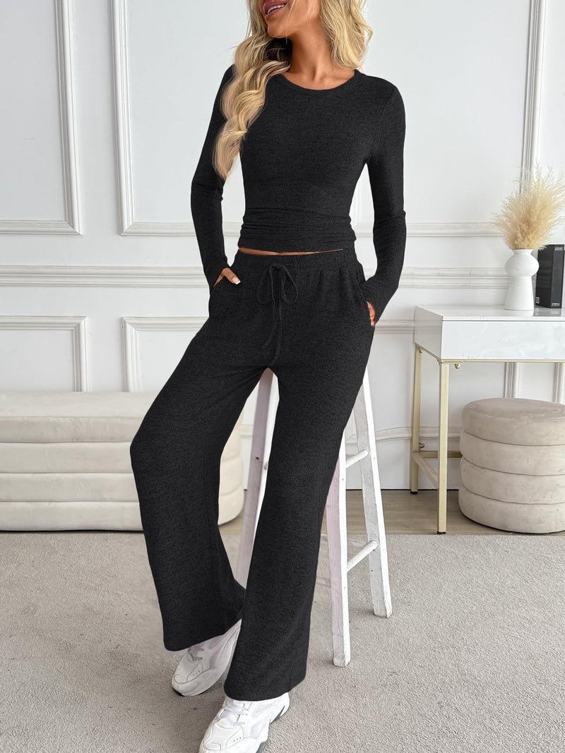 LILLUSORY Womens 2 Piece Matching Lounge Sets 2025 Fall Fashion Knit Sweater Airport Travel Vacation Outfits Gym Sweatsuits Black M - Image 3
