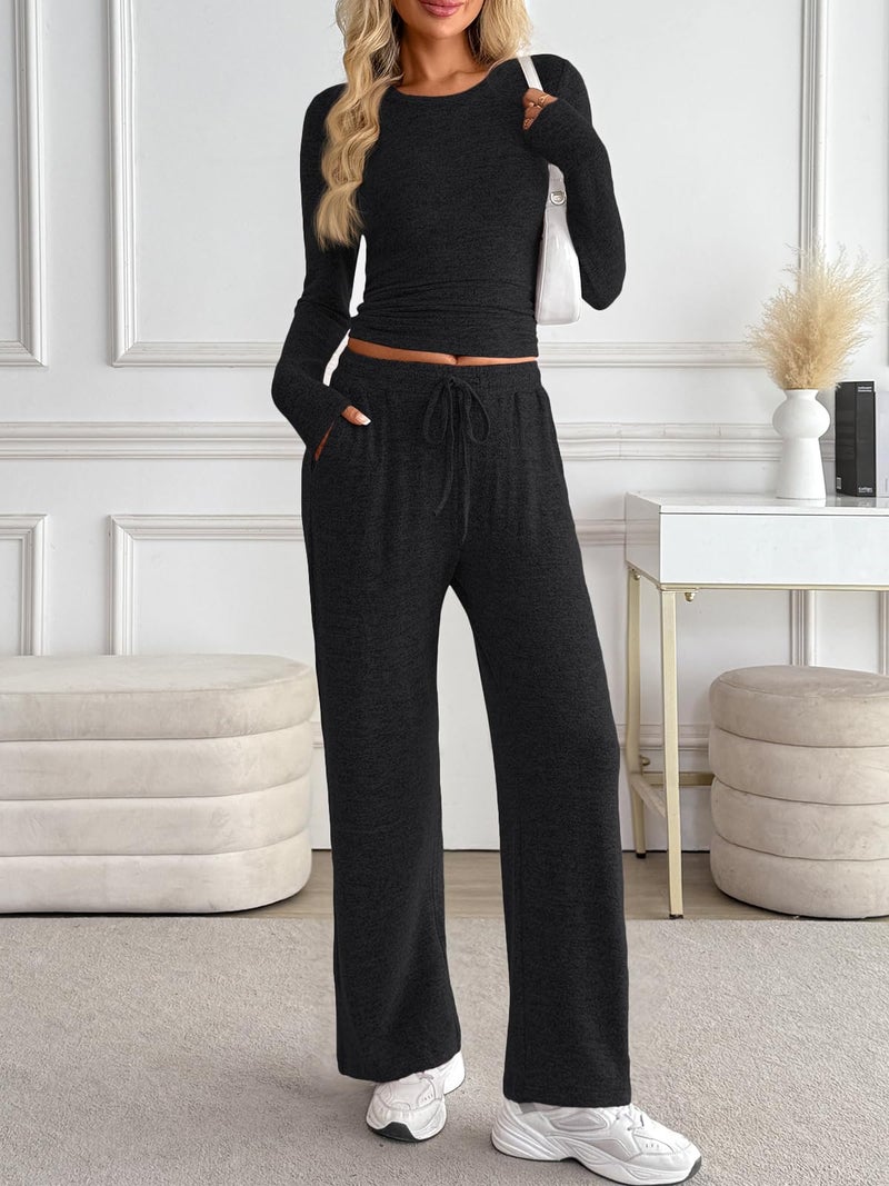 LILLUSORY Womens 2 Piece Matching Lounge Sets 2025 Fall Fashion Knit Sweater Airport Travel Vacation Outfits Gym Sweatsuits Black M - Image 2