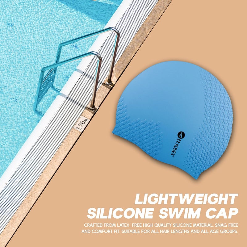 KONEX Bubble Designed Waterproof Silicone Premium Swimming Cap for Men & Women | Stretchable & Quick-Dry | Prevents Hair Pull & Chemical Damage | Ideal for Children & Adults (Blue) - Image 2